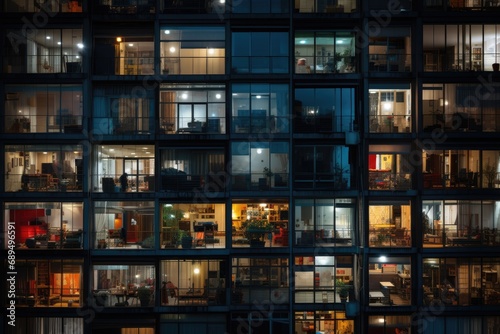 Reflection of buildings in windows of modern office building at night, A photo of a night city, an apartment building, lots of windows glowing in the night, AI Generated