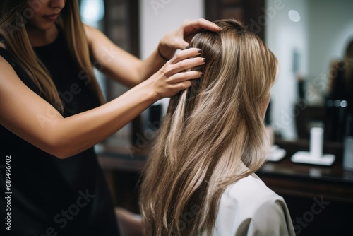 Hairdresser combing hair of young woman in beauty salon, A professional hairdresser skillfully cutting the hair of a young woman in a beauty salon, AI Generated