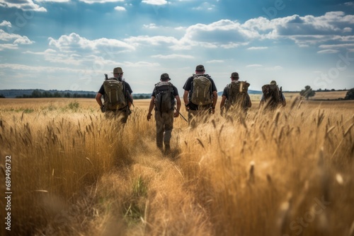 Rear view of a group of men walking through a wheat field, A ranger team walking through a wheat field, AI Generated © Iftikhar alam