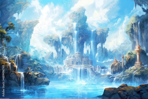 Fantasy landscape with fantasy alien planet and sea. 3d rendering, A reimagined ancient sea waterfall in this illustration, sky-blue and brown gongbi, AI Generated photo