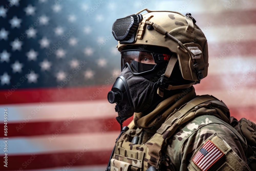 Portrait of soldier with face mask against american flag in background, A soldier wearing a modern helmet and equipment, side view, American flag in the background, AI Generated Portrait of soldier with face mask against american flag in background, A soldier wearing a modern helmet and equipment, side view, American flag in the background, AI Generated