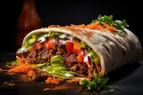 Doner kebab on a black background. Shawarma with meat, vegetables and sauce, A table of food including chicken, rice, and other food, AI Generated
