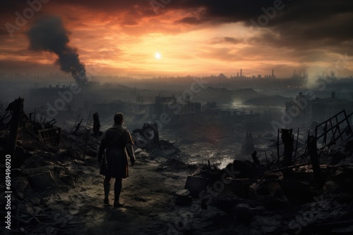 Silhouette of a man standing in the middle of a burning city, A soldier marching toward an apocalyptic ruined landscape, AI Generated