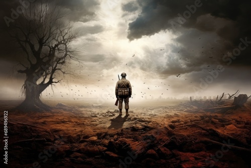 Spooky landscape with man in a gas mask standing in the swamp, A soldier standing alone after the war on the battlefield, AI Generated