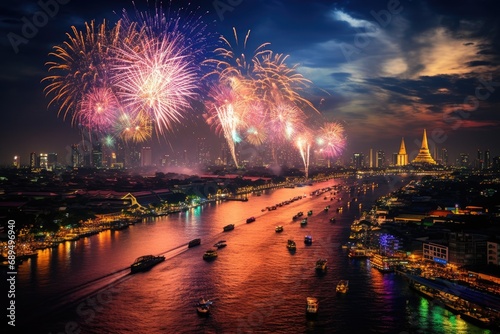 Beautiful fireworks over grand palace and Chao Phraya river  Bangkok  Thailand  A spectacular display of colorful fireworks over the Chao Phraya River in Bangkok  Thailand  AI Generated