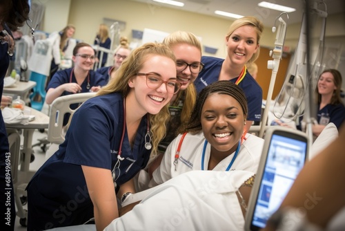 Portrait of smiling nurse and patient in hospital bed with team in background, A student nursing team capturing a selfie while engaged in simulation training, AI Generated