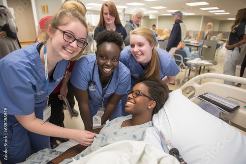 Diverse group of doctors and nurses working together in a hospital ward, A student nursing team capturing a selfie while engaged in simulation training, AI Generated