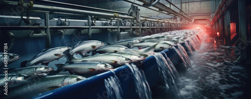 Fish production factory. Conveyor bel with fishs in fish warehouse photo