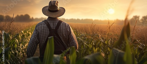 Farmer inspecting corn field at sunset