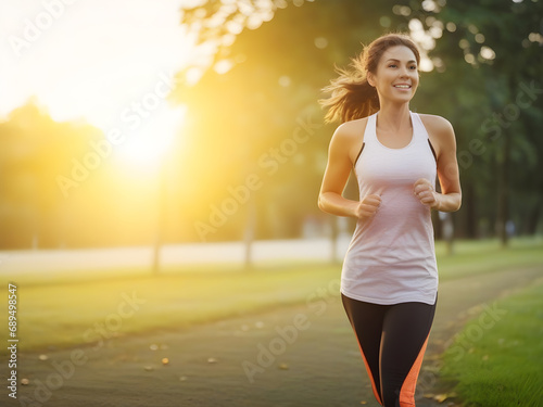 Beautiful woman jogging, in forest park, fair evening of soft sunlight.
