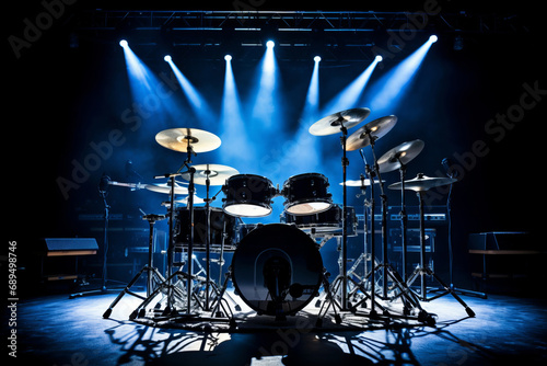 drum kit on a dark music stage in the light of blue spotlights