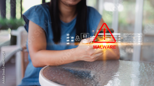 Malware hacker attack on smartphone. System notification hacked attack threat warning caution sign on smartphone. Malicious software, Virus, Spyware, Cyber security and cybercrime.