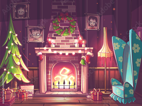 Color illustration classic fireplace with brick surround