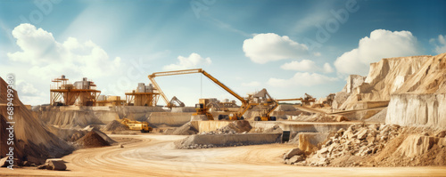 Quarry factory in sand ground. Quarry stones belt production for construction building