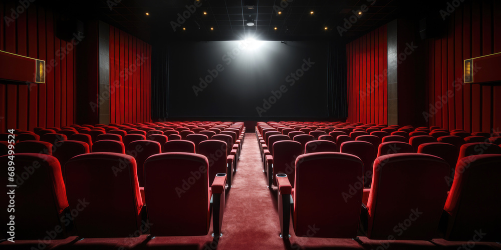 Empty cinema hall with red seats. Movie theatre