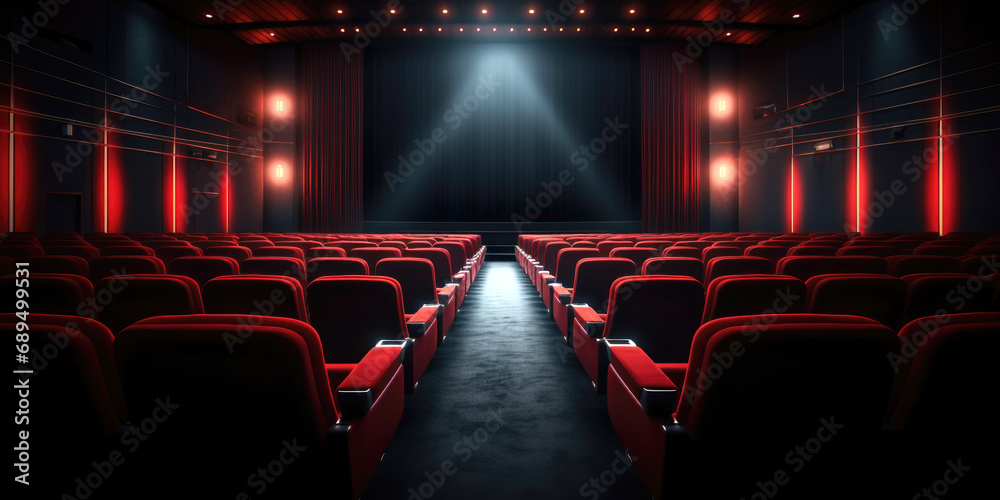 Empty cinema hall with red seats. Movie theatre