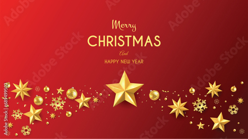 Red Christmas background with Golden Merry Christmas lettering and golden Christmas decorations