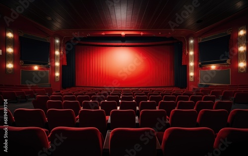 Empty cinema hall with red seats. Movie theatre