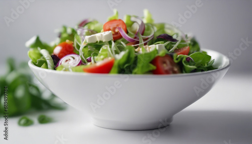 A salad in a white bowl on a white background.