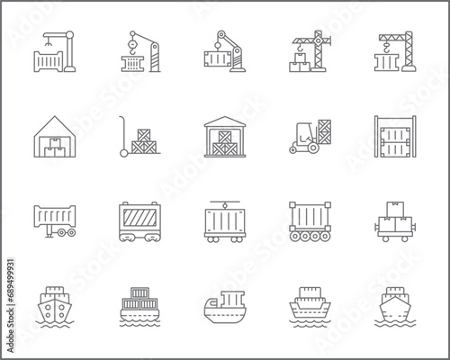 Set of box and container line style. It contains such as open box  package  wooden crate  cargo  logistics  port  packaging and other elements.