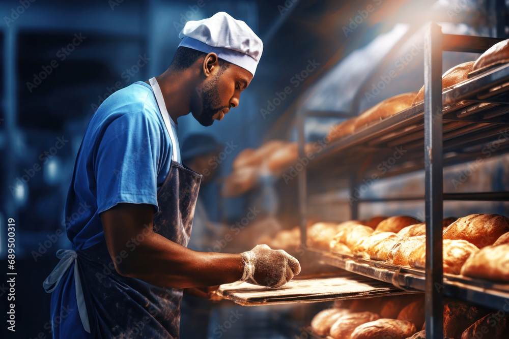 A worker at a bakery takes fresh bread out of the oven. Industrial production.