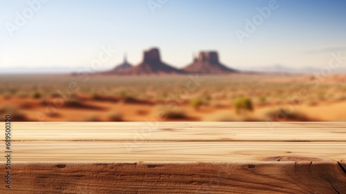 The empty wooden brown table top with blur background of desert dune mountain. Exuberant image. generative AI
