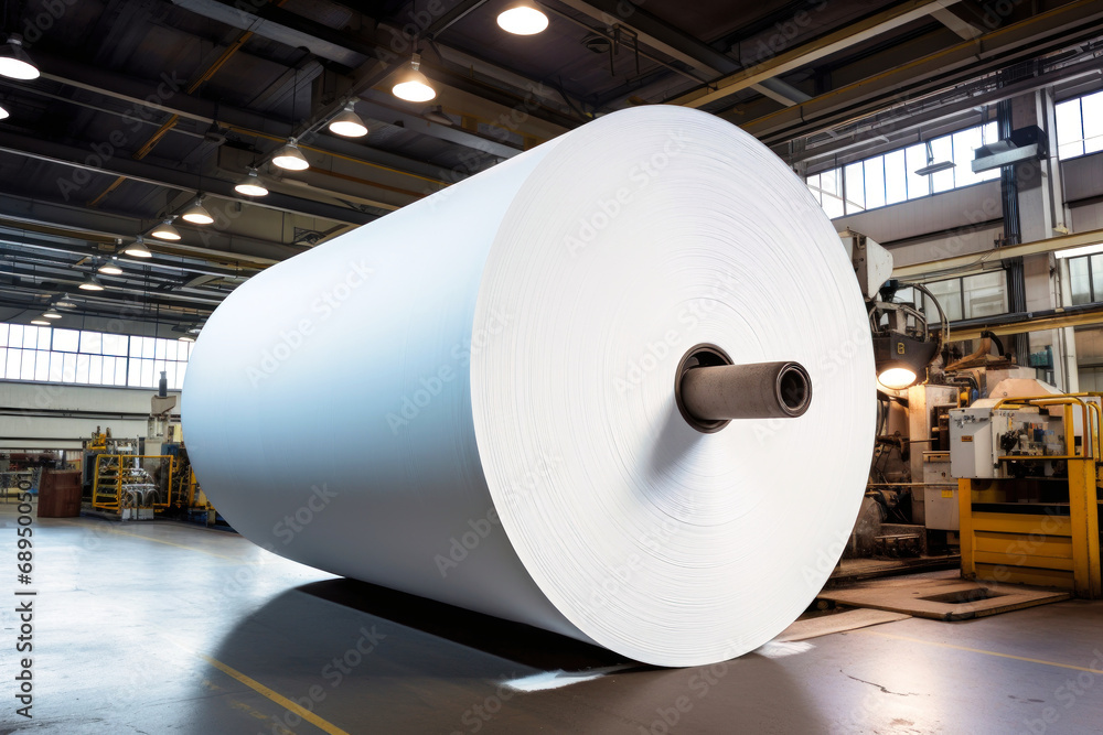 Large rolls of paper at a paper and cardboard production plant. Finished products. Rolls of paper for further processing. - obrazy, fototapety, plakaty 