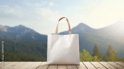 Blank white mockup reusable ECO shopping bag natural mountain view background, Plastic-free, zero-waste. Save the planet. Environmental conservation and recycling concepts. Template for design photo