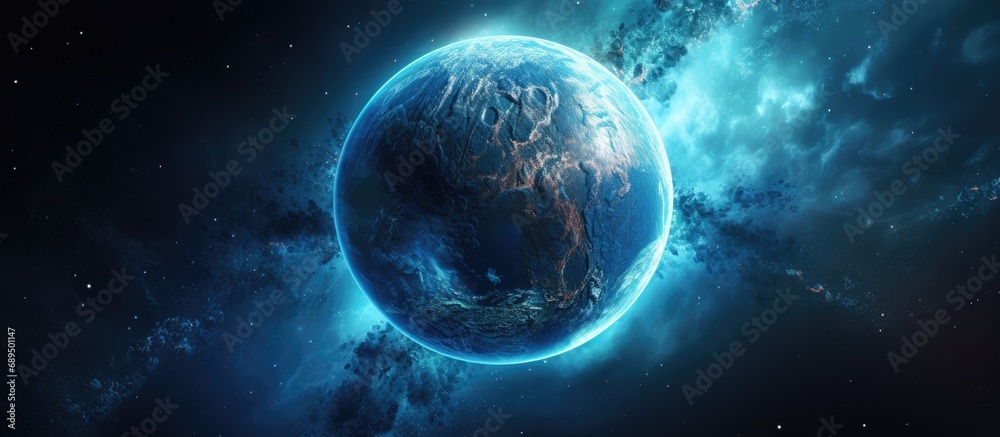 Exoplanet resembling Earth, depicted in AI (blue illustration).