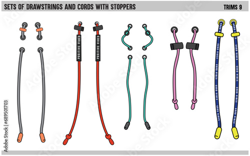 SET OF DRAWSTRINGS AND CORDS WITH STOPPERS FOR WAIST BAND, BAGS, SHOES, JACKETS, SHORTS, PANTS, DRESS GARMENTS, DRAWCORD AGLETS FOR CLOTHING AND ACCESSORIES VECTOR ILLUSTRATION photo
