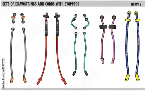 SET OF DRAWSTRINGS AND CORDS WITH STOPPERS FOR WAIST BAND, BAGS, SHOES, JACKETS, SHORTS, PANTS, DRESS GARMENTS, DRAWCORD AGLETS FOR CLOTHING AND ACCESSORIES VECTOR ILLUSTRATION