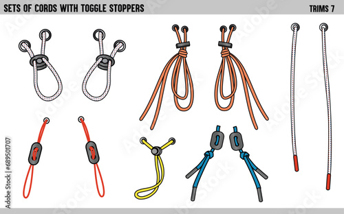SET OF CORDS WITH TOGGLE STOPPERS FOR WAIST BAND, BAGS, SHOES, JACKETS, SHORTS, PANTS, DRESS GARMENTS, DRAWCORD AGLETS FOR CLOTHING AND ACCESSORIES VECTOR ILLUSTRATION