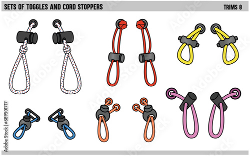 SET OF CORDS WITH TOGGLE STOPPERS FOR WAIST BAND, BAGS, SHOES, JACKETS, SHORTS, PANTS, DRESS GARMENTS, DRAWCORD AGLETS FOR CLOTHING AND ACCESSORIES VECTOR ILLUSTRATION