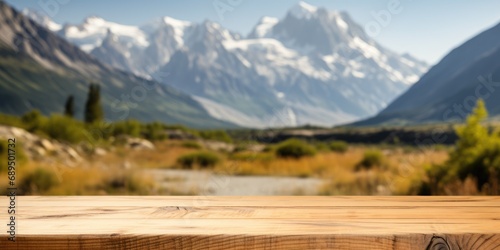 The empty wooden brown table top with blur background of Mount Cook landscape. Exuberant image. generative AI