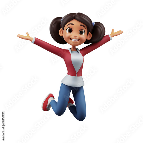 3d illustration of girl character happy jumping