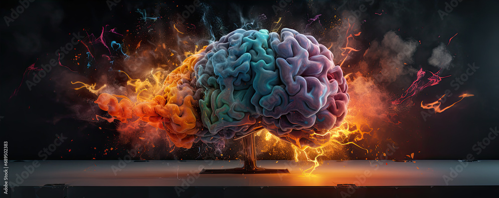 Human brain expolde illustrative style, fantasy idea concept. - obrazy, fototapety, plakaty 