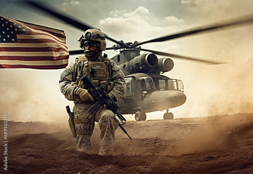 Military personnel in uniform and armor during battles with helicopters in the sky in the background Generative Ai Military personnel in uniform and armor during battles with helicopters in the sky in the background Generative Ai