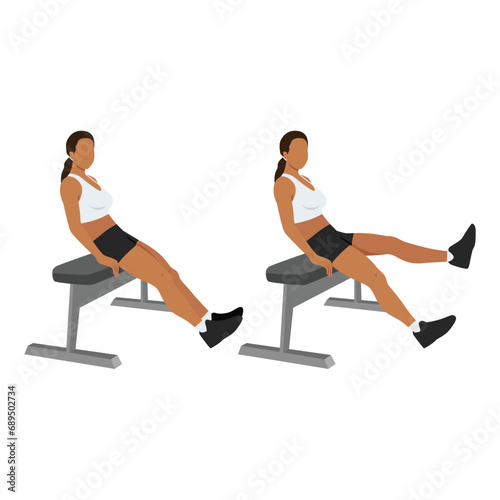 Woman doing seated bench extended flutter kicks exercise. Flat vector illustration isolated on white background