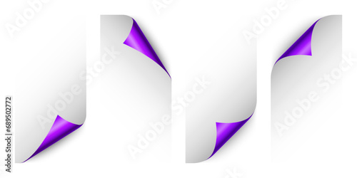 Set of violet paper curls. Curled page corner with shadow. Blank sheet of paper. Colorful shiny foil. Design element for advertising and promotion. Vector illustration.