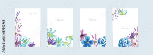 水彩画。水彩タッチの花のイラストポストカードテンプレートセット。フラワーイラストの招待状。Watercolor. Watercolor touch floral illustration postcard template set. Flower illustration invitations.