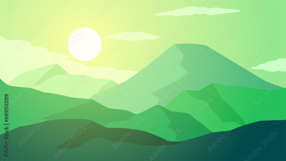 Green mountain landscape vector illustration. Scenery of mountain range with cloudy sky in the morning. Mountain landscape for background, wallpaper or illustration