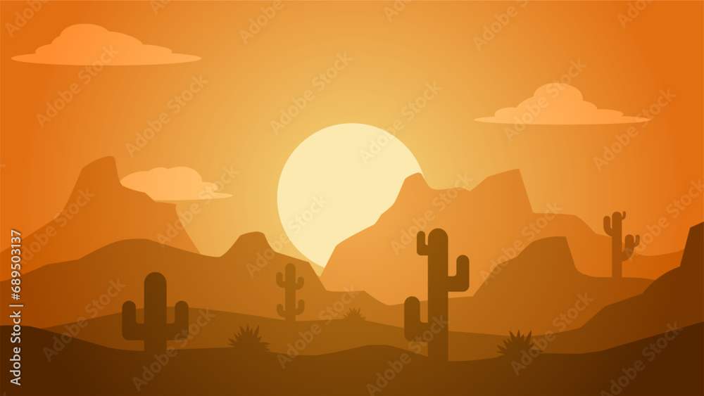 Desert landscape vector illustration. Scenery of rock desert with cactus and butte stone. Wild west desert landscape for illustration, background or wallpaper