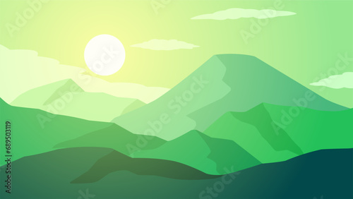 Green mountain landscape vector illustration. Scenery of mountain range with cloudy sky in the morning. Mountain landscape for background  wallpaper or illustration