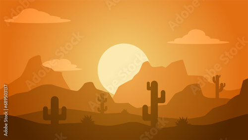 Desert landscape vector illustration. Scenery of rock desert with cactus and butte stone. Wild west desert landscape for illustration  background or wallpaper