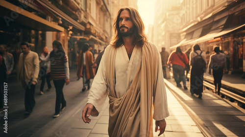 Jesus walking the streets of a modern city