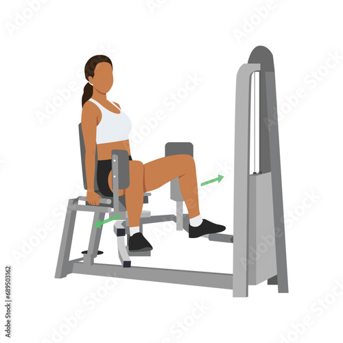 Woman doing exercise using Abductor thigh machine. Abductor workout. Flat vector illustration isolated on white background