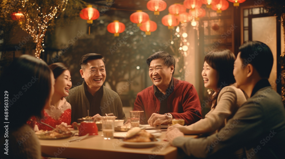 family having traditional dishes for chinese new year