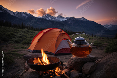 Camp fire and tea pot, tent and mountains in the background at sunset