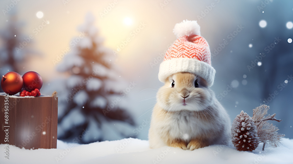 A Beautiful Bunny as Santa Claus in a Snowing Wonderland, Enchanting Winter Tale, Adorable Bunny in a Santa Costume on a Winter Landscape with Snow background generative ai