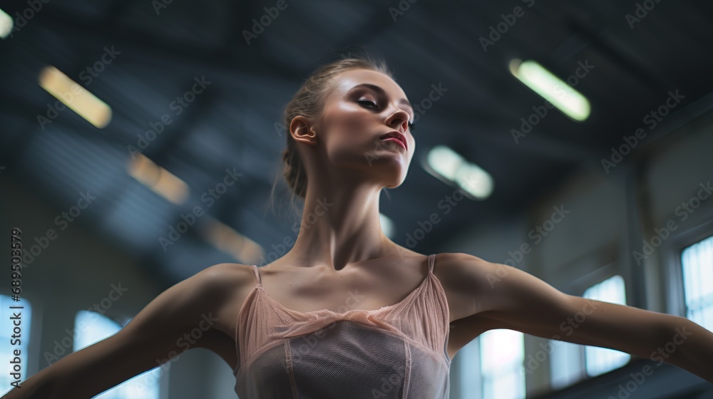 A candid shot of a young woman ballet dancer in a studio, embodying grace and discipline. Her authentic, gritty determination shines through her artistic expression